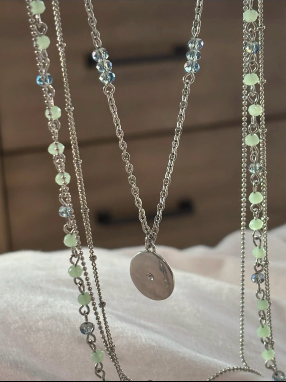 Banana Republic Silver Disc Pendant Necklace with Pale Green & Light Blue Beads